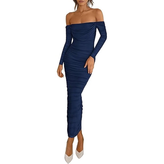 PRETTYGARDEN Womens Fall Long Sleeve Maxi Dress Off Shoulder Mesh Ruched Bodycon Trendy Long Wedding Guest Dresses