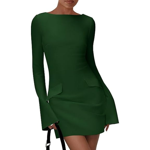 PRETTYGARDEN Womens Fall Long Sleeve Mini Dress Trendy Boat Neck Bodycon Knit A Line Short Party Dresses