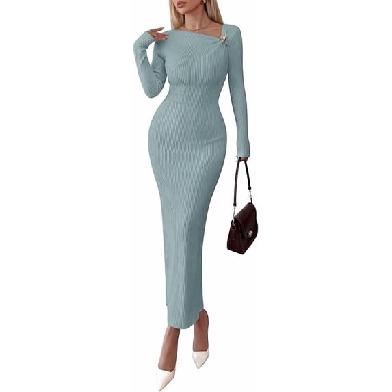 PRETTYGARDEN Womens Fall Long Sleeve Ribbed Sweater Dress | Breathable Knit Fabric, Elegant Bodycon Cut, Fashion Asymmetrical Neck, Night Out Party Dresses, Trendy Winter Clothes
