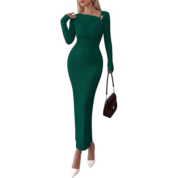PRETTYGARDEN Womens Fall Long Sleeve Ribbed Sweater Dress | Breathable Knit Fabric, Elegant Bodycon Cut, Fashion Asymmetrical Neck, Night Out Party Dresses, Trendy Winter Clothes