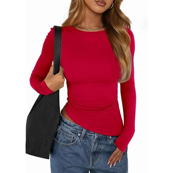 PRETTYGARDEN Womens Fall Long Sleeve Shirts Trendy Crew Neck Fitted Asymmetrical Going Out Tops Ruched Side Tee Blouse