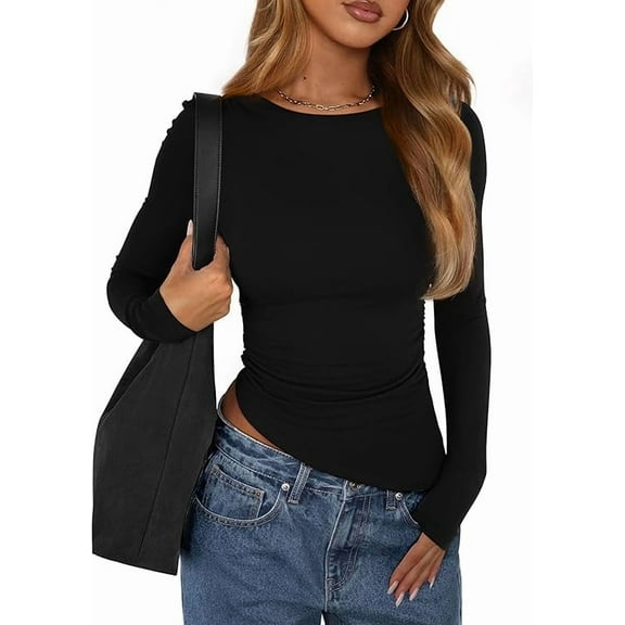 PRETTYGARDEN Womens Fall Long Sleeve Shirts Trendy Crew Neck Fitted Asymmetrical Going Out Tops Ruched Side Tee Blouse