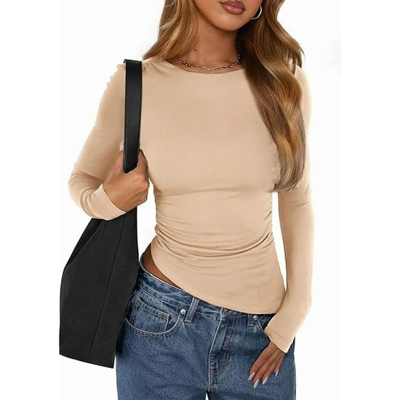 PRETTYGARDEN Womens Fall Long Sleeve Shirts Trendy Crew Neck Fitted Asymmetrical Going Out Tops Ruched Side Tee Blouse