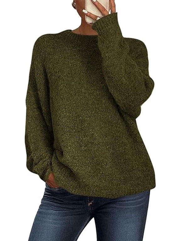 Womens Fall Long Sleeve Sweater Crew Neck Fuzzy Loose Fit Chunky Knit Pullover Sweaters Going Out Tops