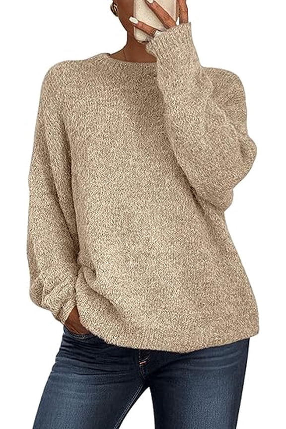Womens Fall Long Sleeve Sweater Crew Neck Fuzzy Loose Fit Chunky Knit Pullover Sweaters Going Out Tops