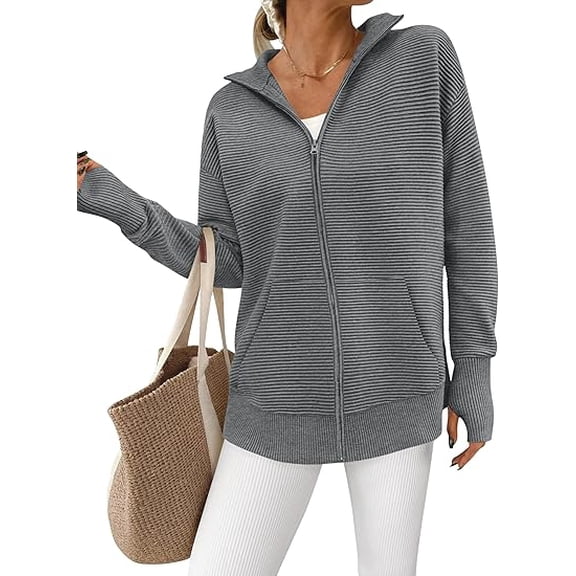 PRETTYGARDEN Womens Fall Long Sleeve Zip Up Cardigan Sweaters Casual Loose Collared Ribbed Knit Tops Jackets Thumb Hole