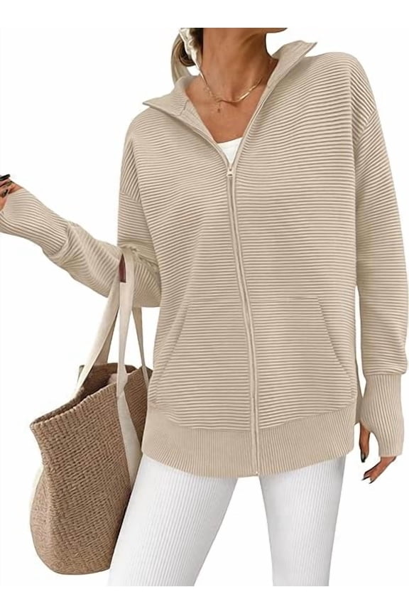 Womens Fall Long Sleeve Zip Up Cardigan Sweaters Casual Loose Collared Ribbed Knit Tops Jackets Thumb Hole