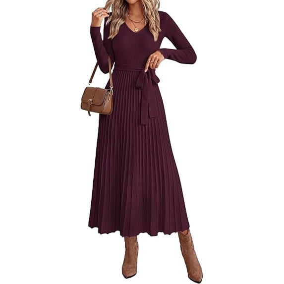 PRETTYGARDEN Womens Fall Maxi Long Sleeve Sweater Dress Soft Stretchy Knit, V Neck A Line Dresses with Bow, Flowy Pleated Hem, Cocktail Party Outfits, Trendy Winter Clothes