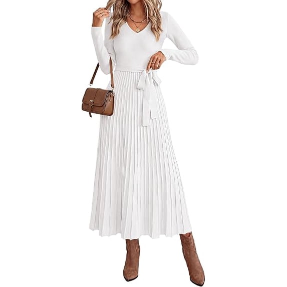 PRETTYGARDEN Womens Fall Maxi Long Sleeve Sweater Dress Soft Stretchy Knit, V Neck A Line Dresses with Bow, Flowy Pleated Hem, Cocktail Party Outfits, Trendy Winter Clothes