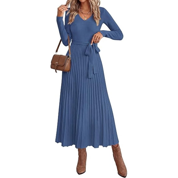 PRETTYGARDEN Womens Fall Maxi Long Sleeve Sweater Dress Soft Stretchy Knit, V Neck A Line Dresses with Bow, Flowy Pleated Hem, Cocktail Party Outfits, Trendy Winter Clothes