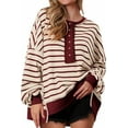 thumbnail image 1 of PRETTYGARDEN Womens Fall Striped Oversized Sweatshirt Long Sleeve Button Up Henley Neck Waffle Knit Pullover Tunic Tops, 1 of 7