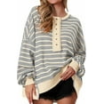 thumbnail image 1 of PRETTYGARDEN Womens Fall Striped Oversized Sweatshirt Long Sleeve Button Up Henley Neck Waffle Knit Pullover Tunic Tops, 1 of 7