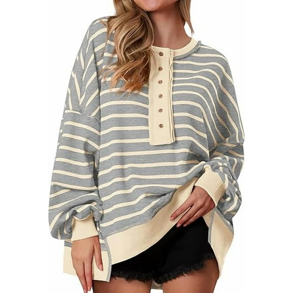 PRETTYGARDEN Womens Fall Striped Oversized Sweatshirt Long Sleeve Button Up Henley Neck Waffle Knit Pullover Tunic Tops
