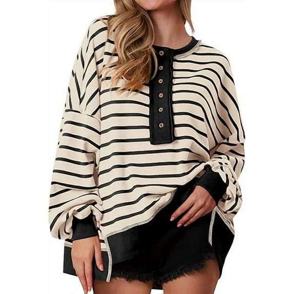PRETTYGARDEN Womens Fall Striped Oversized Sweatshirt Long Sleeve Button Up Henley Neck Waffle Knit Pullover Tunic Tops