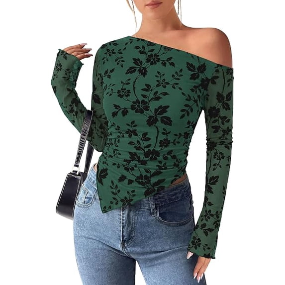 PRETTYGARDEN Womens Fall Trendy Off Shoulder Y2k Tops Tie Dye Mesh Long Sleeve Shirts Asymmetrical Ruched Floral Blouse