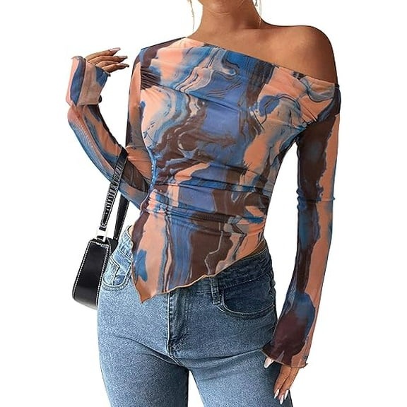 PRETTYGARDEN Womens Fall Trendy Off Shoulder Y2k Tops Tie Dye Mesh Long Sleeve Shirts Asymmetrical Ruched Floral Blouse
