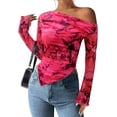thumbnail image 1 of PRETTYGARDEN Womens Fall Trendy Off Shoulder Y2k Tops Tie Dye Mesh Long Sleeve Shirts Asymmetrical Ruched Floral Blouse, 1 of 8