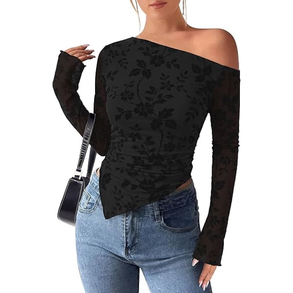 PRETTYGARDEN Womens Fall Trendy Off Shoulder Y2k Tops Tie Dye Mesh Long Sleeve Shirts Asymmetrical Ruched Floral Blouse