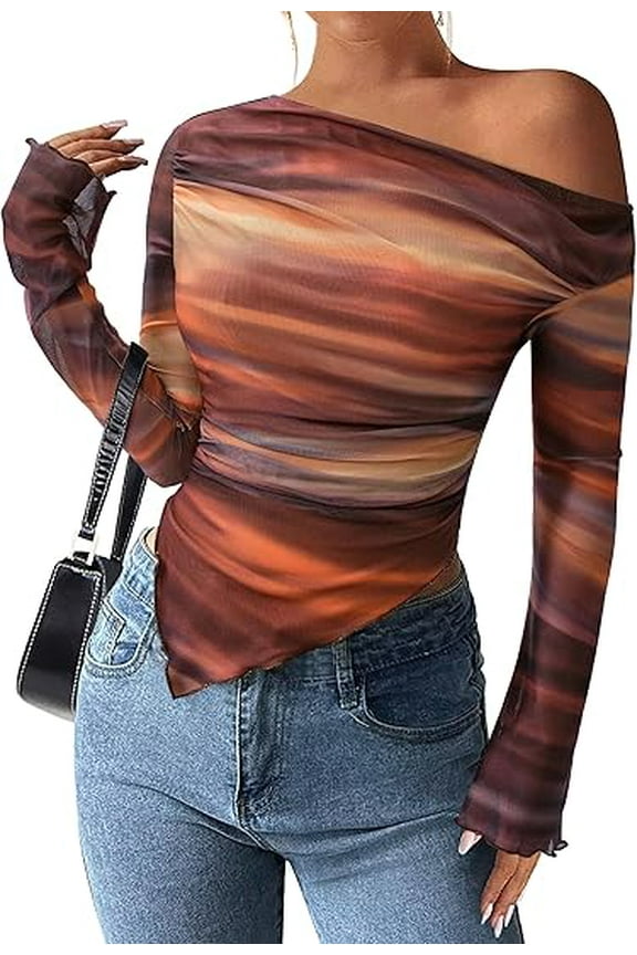 Womens Fall Trendy Off Shoulder Y2k Tops Tie Dye Mesh Long Sleeve Shirts Asymmetrical Ruched Floral Blouse