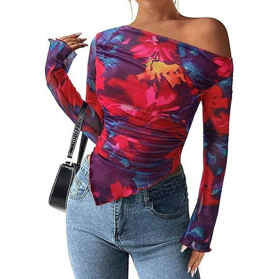 PRETTYGARDEN Womens Fall Trendy Off Shoulder Y2k Tops Tie Dye Mesh Long Sleeve Shirts Asymmetrical Ruched Floral Blouse