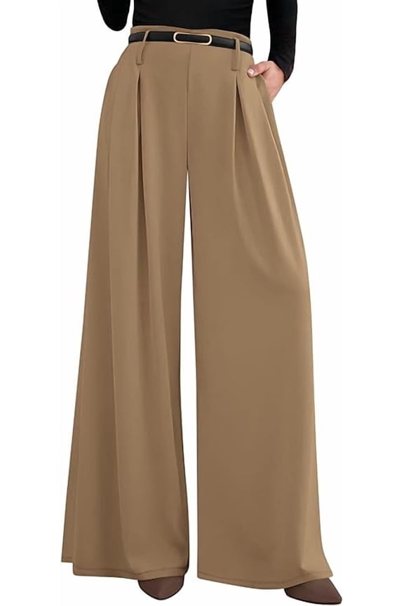 Womens Fall Wide Leg Trousers High Elastic Waist Loose Pleated Long Flowy Palazzo Work Pants with Pockets