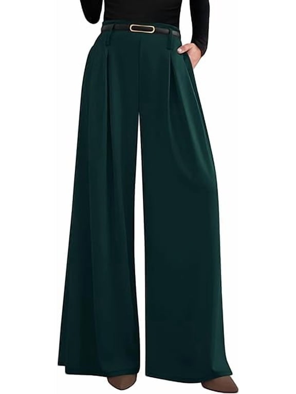 Womens Fall Wide Leg Trousers High Elastic Waist Loose Pleated Long Flowy Palazzo Work Pants with Pockets