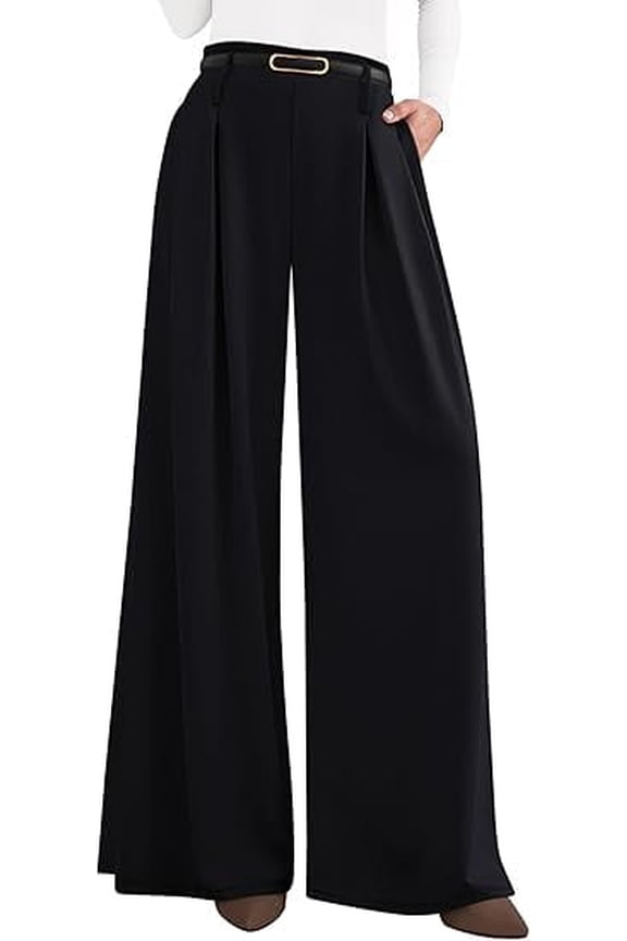 Womens Fall Wide Leg Trousers High Elastic Waist Loose Pleated Long Flowy Palazzo Work Pants with Pockets