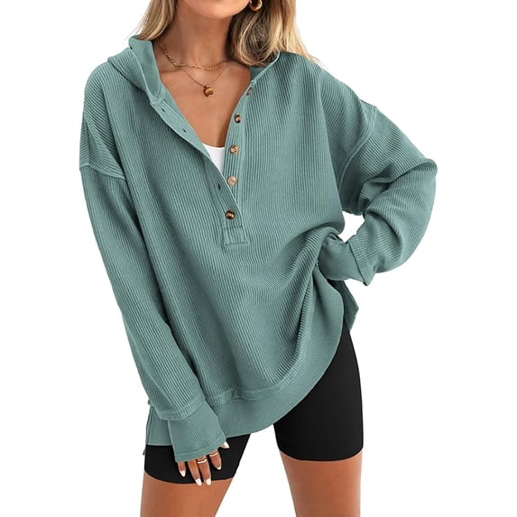 PRETTYGARDEN Womens Fashion Oversized Long Sleeve Hoodie Button Down V Neck Sweatshirt Side Slit Casual Pullover Tops