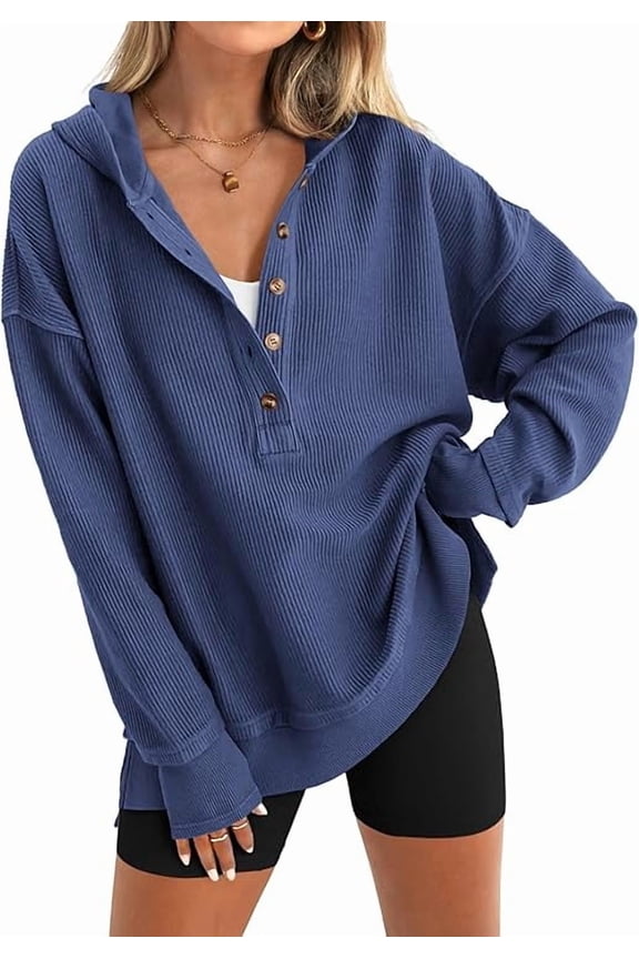 Womens Fashion Oversized Long Sleeve Hoodie Button Down V Neck Sweatshirt Side Slit Casual Pullover Tops