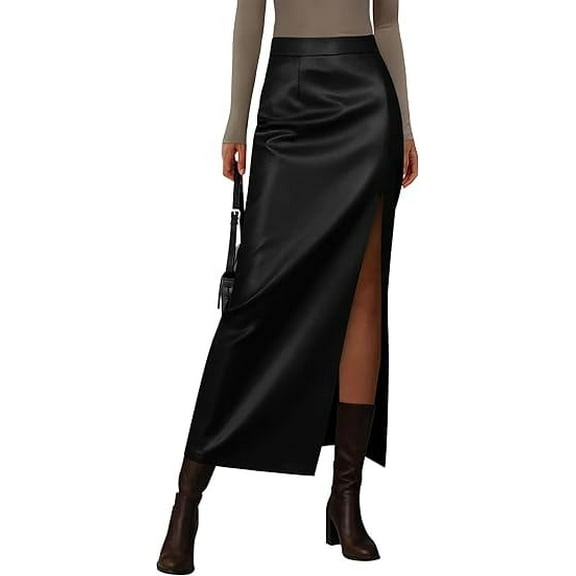 PRETTYGARDEN Womens Faux Leather Skirt Fall Bodycon High Waisted Slit Dressy Casual Winter Maxi Long Pencil Skirts