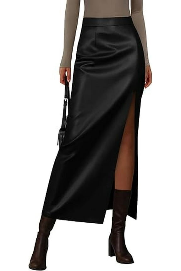 Womens Faux Leather Skirt Fall Bodycon High Waisted Slit Dressy Casual Winter Maxi Long Pencil Skirts