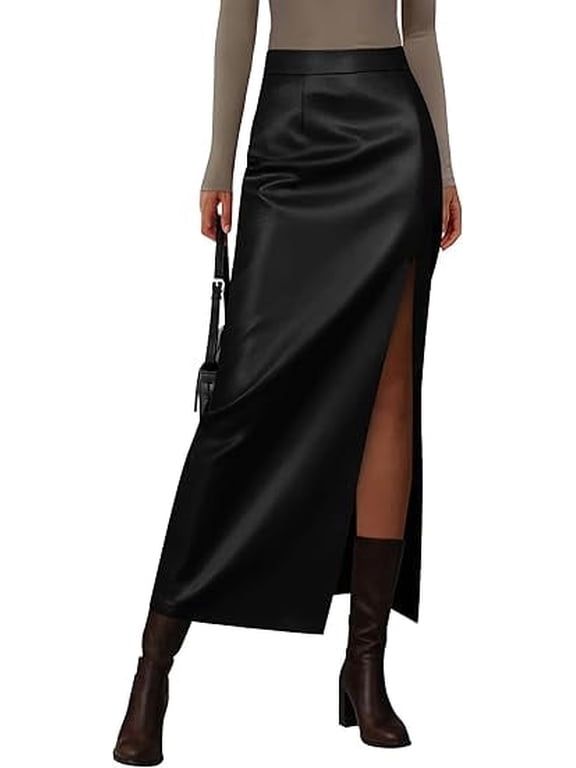 Womens Faux Leather Skirt Fall Bodycon High Waisted Slit Dressy Casual Winter Maxi Long Pencil Skirts