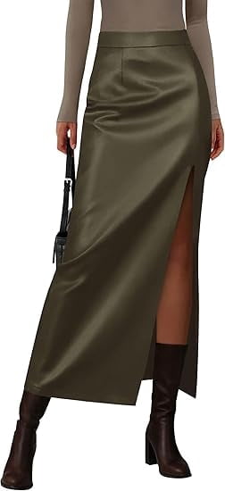 PRETTYGARDEN Womens Faux Leather Skirt Fall Bodycon High Waisted Slit Dressy Casual Winter Maxi Long Pencil Skirts