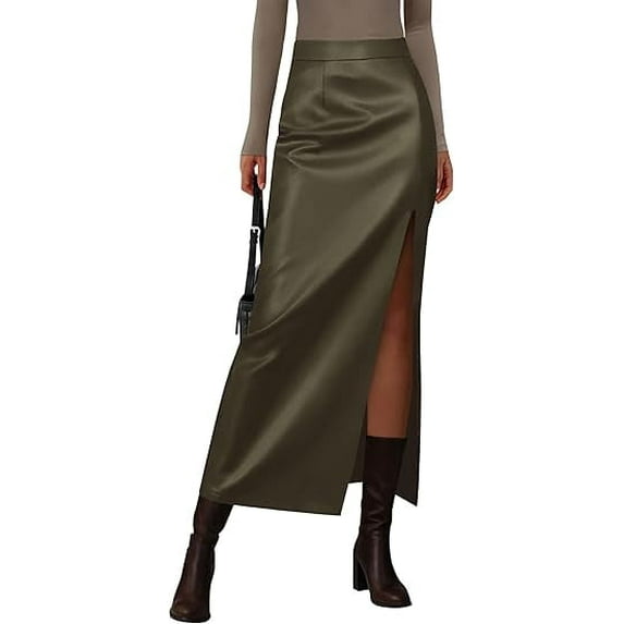 PRETTYGARDEN Womens Faux Leather Skirt Fall Bodycon High Waisted Slit Dressy Casual Winter Maxi Long Pencil Skirts