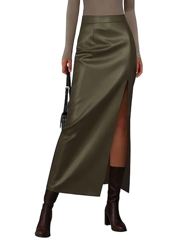 Womens Faux Leather Skirt Fall Bodycon High Waisted Slit Dressy Casual Winter Maxi Long Pencil Skirts