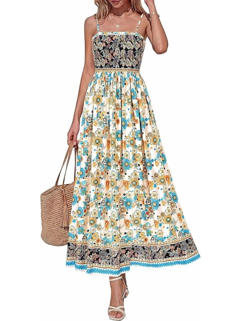 Prettygarden Womens Floral Maxi Dress Boho Casual Summer Spaghetti Strap Smocked Sleeveless Flowy Beach Vacation Dresses, Women's, Size: 2XL, Beige