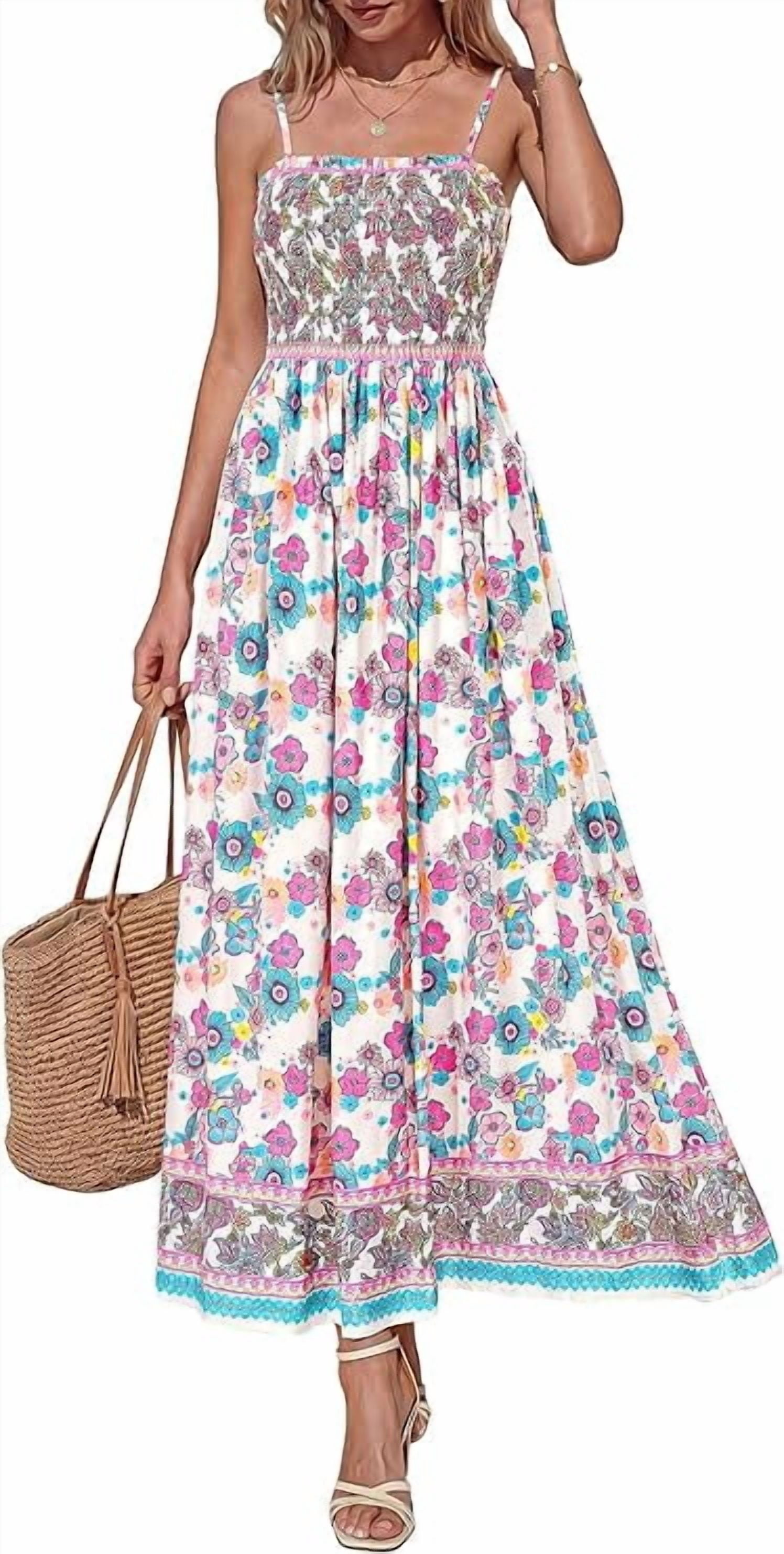 Prettygarden Womens Floral Maxi Dress Boho Casual Summer Spaghetti Strap Smocked Sleeveless Flowy Beach Vacation Dresses, Women's, Size: Small, Blue