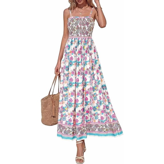 PRETTYGARDEN Womens Floral Maxi Dress Boho Casual Summer Spaghetti Strap Smocked Sleeveless Flowy Beach Vacation Dresses