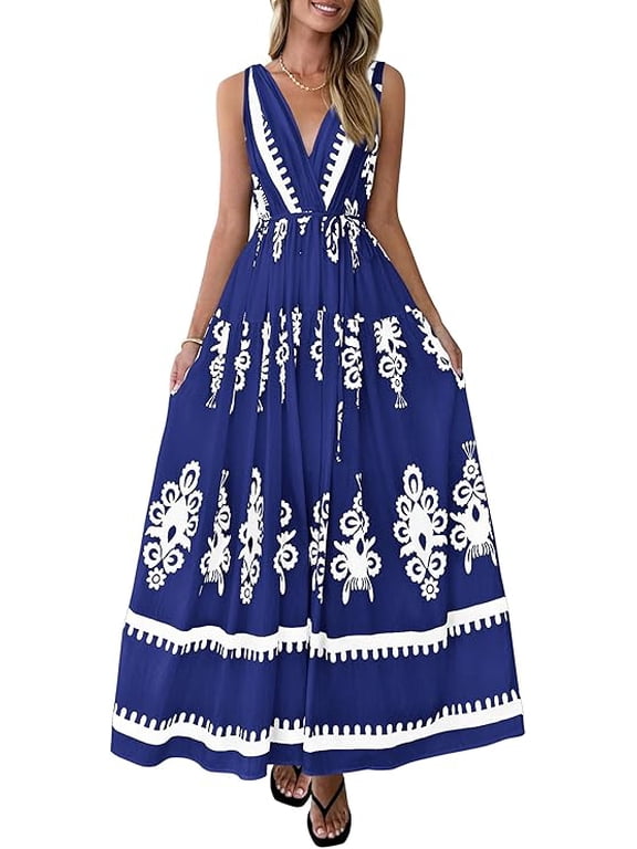 Womens Floral Maxi Dress Sleeveless Vneck Belt Ruffle Long Dresses Boho Summer Beach Vacation Clothes