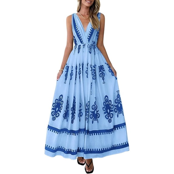PRETTYGARDEN Womens Floral Maxi Dress Sleeveless Vneck Belt Ruffle Long Dresses Boho Summer Beach Vacation Clothes