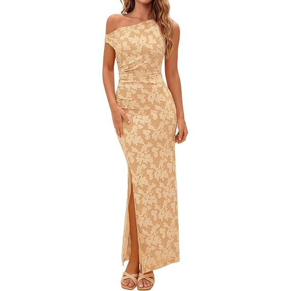 PRETTYGARDEN Womens Floral One Shoulder Maxi Dress Summer Spring Bodycon Ruched Side Slit Elegant Cocktail Party Dresses