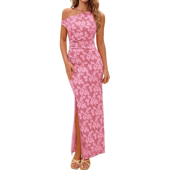 PRETTYGARDEN Womens Floral One Shoulder Maxi Dress Summer Spring Bodycon Ruched Side Slit Elegant Cocktail Party Dresses