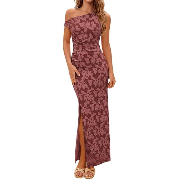 PRETTYGARDEN Womens Floral One Shoulder Maxi Dress Summer Spring Bodycon Ruched Side Slit Elegant Cocktail Party Dresses