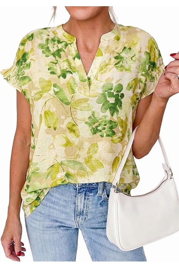 Womens Floral Print Short Sleeve Summer Tops Trendy V Neck Loose Boho Shirts Casual Work Blouses