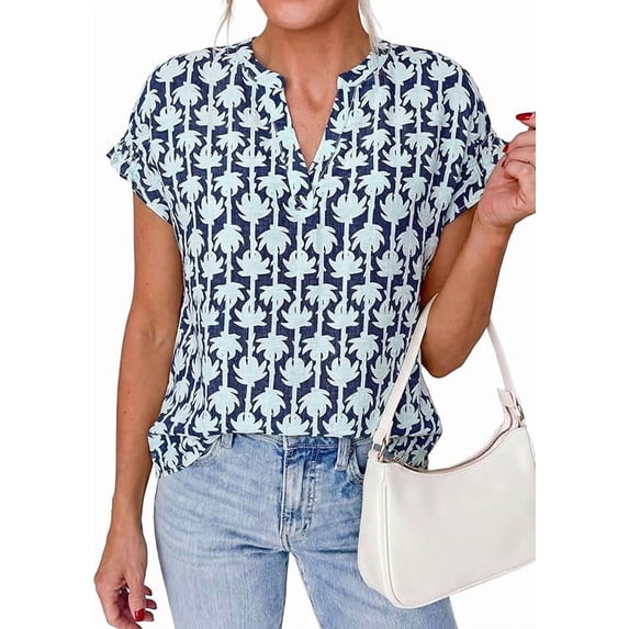 PRETTYGARDEN Womens Floral Print Short Sleeve Summer Tops Trendy V Neck Loose Boho Shirts Casual Work Blouses