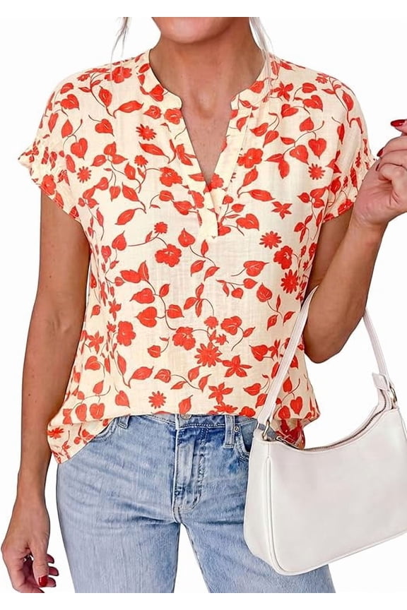 Womens Floral Print Short Sleeve Summer Tops Trendy V Neck Loose Boho Shirts Casual Work Blouses