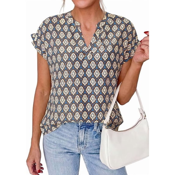 PRETTYGARDEN Womens Floral Print Short Sleeve Summer Tops Trendy V Neck Loose Boho Shirts Casual Work Blouses