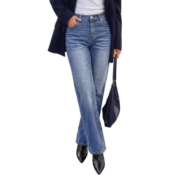 PRETTYGARDEN Womens Jeans Straight Leg Stretchy High Waist | Classic Rigid Structured Tummy Control Pants with Practical Pockets, Ideal for Business Office, Daily Casual, Back to School