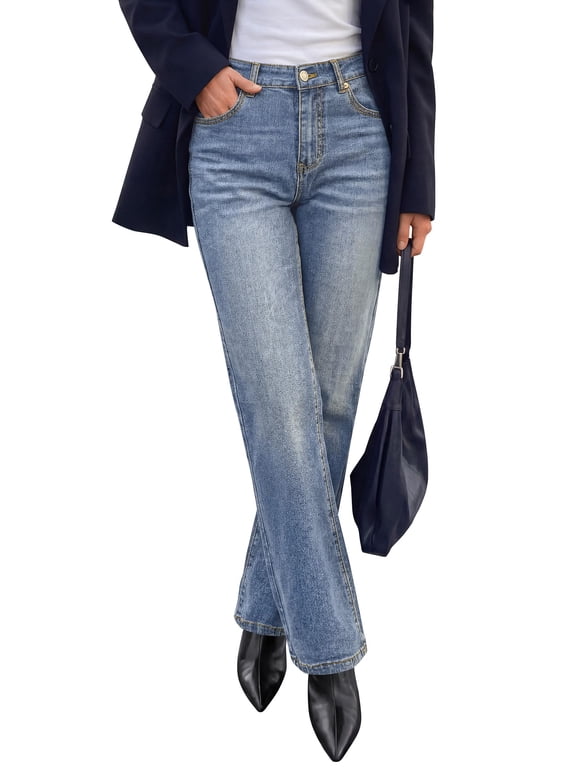Womens Jeans Straight Leg Stretchy High Waist | Classic Rigid Structured Tummy Control Pants with Practical Pockets, Ideal for Business Office, Daily Casual, Back to School