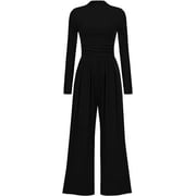 PRETTYGARDEN Womens Jumpsuit Dressy Casual Spring Fall Fashion One Piece Outfits Long Sleeve Mock Neck Wide Leg Pants Rompers
